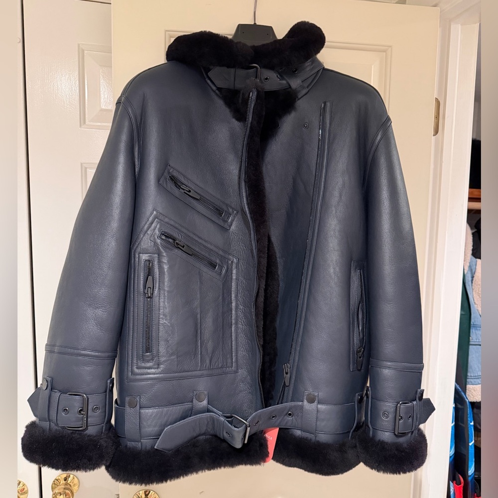 The Arrival Women’s Navy Leather Jacket with Shearling
